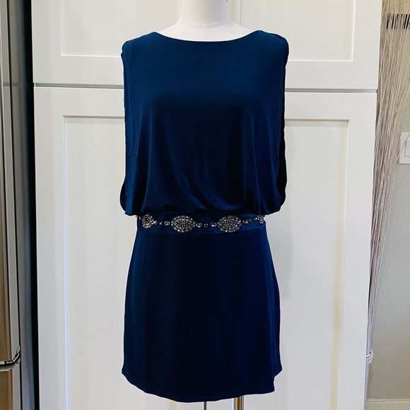 NWOT Laundry Shelli Blue Grecian Style Open Back Blouson Mini Dress - Picture 2 of 6